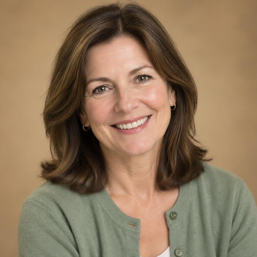 Portrait of a friendly woman in her fifties with shoulder-length brown hair