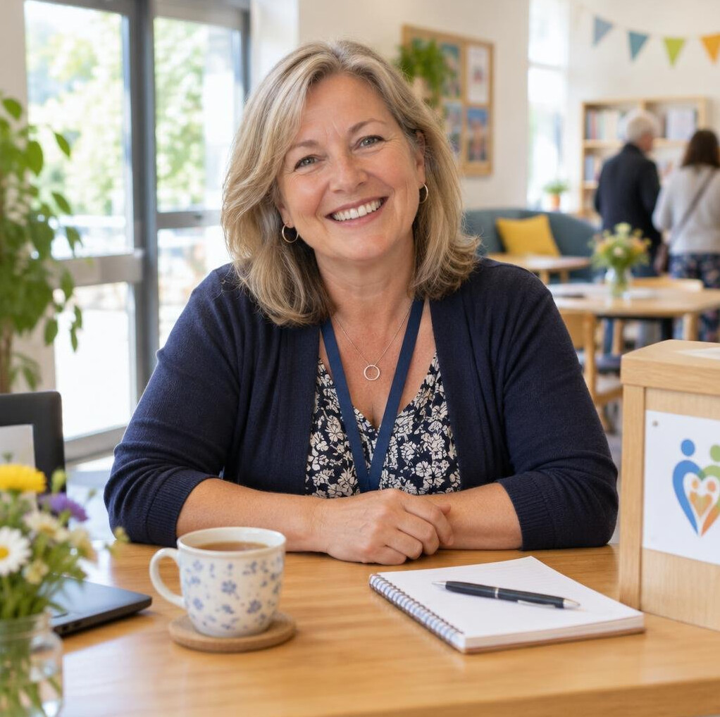 Receptionist smiling at a welcome desk in a community center with a phone