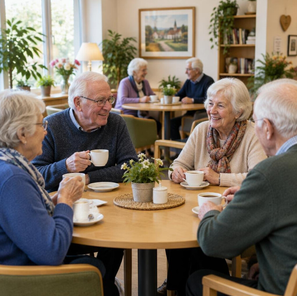 Seniors chatting and drinking coffee in a bright community room