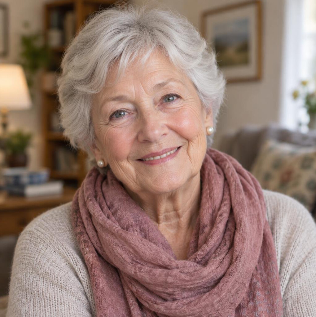 Portrait of a smiling elderly woman with short silver hair and a rose scarf