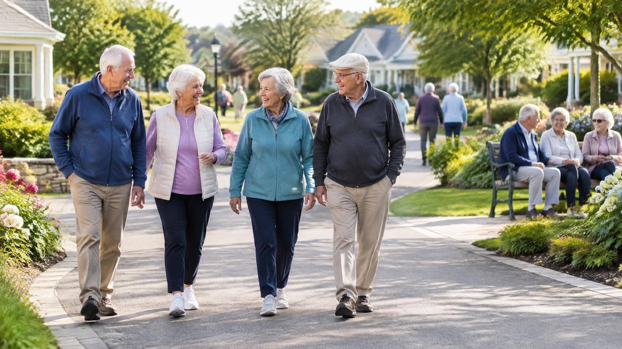 senior people walking in neighborhood
