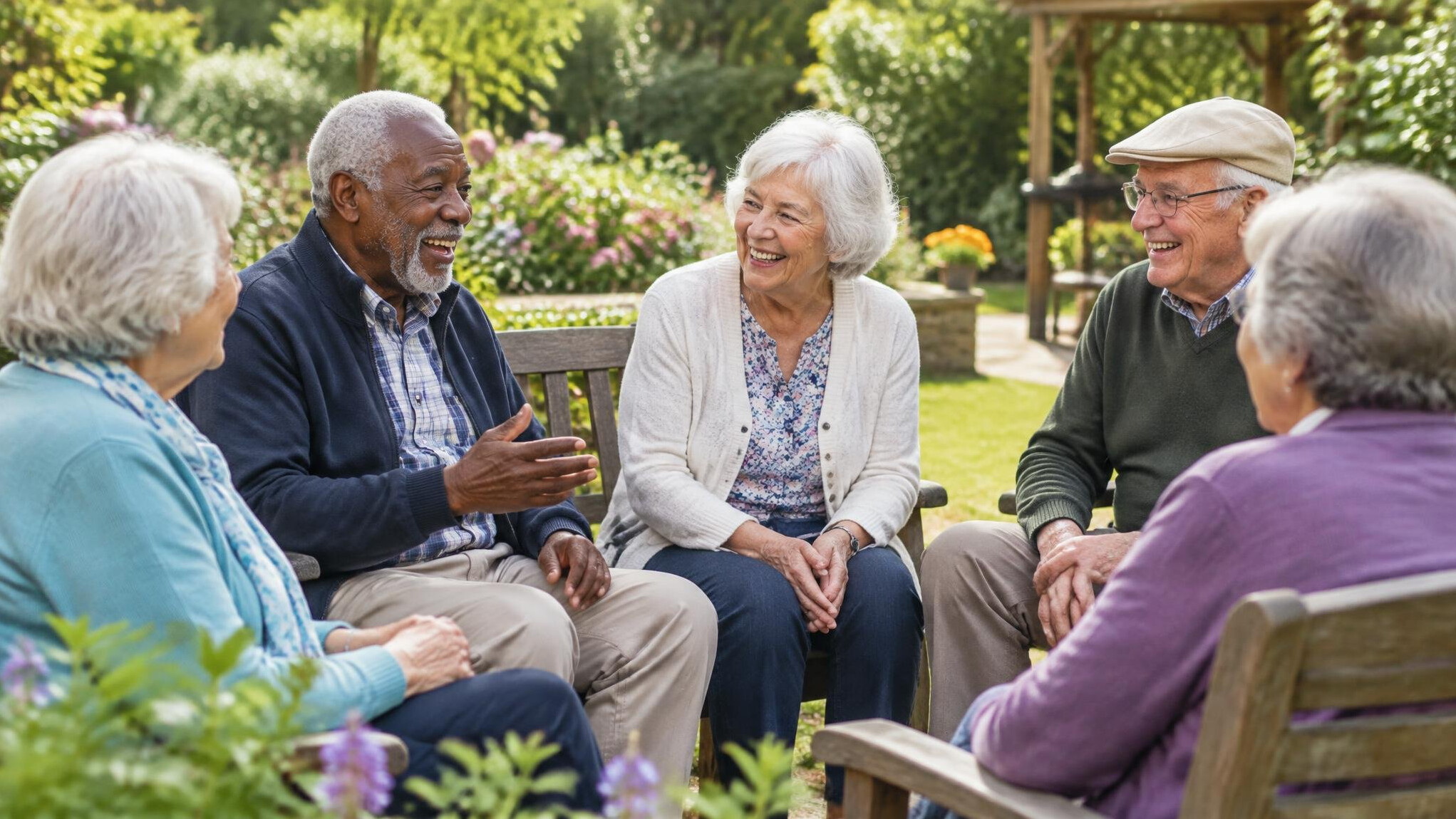 elderly people chatting in garden