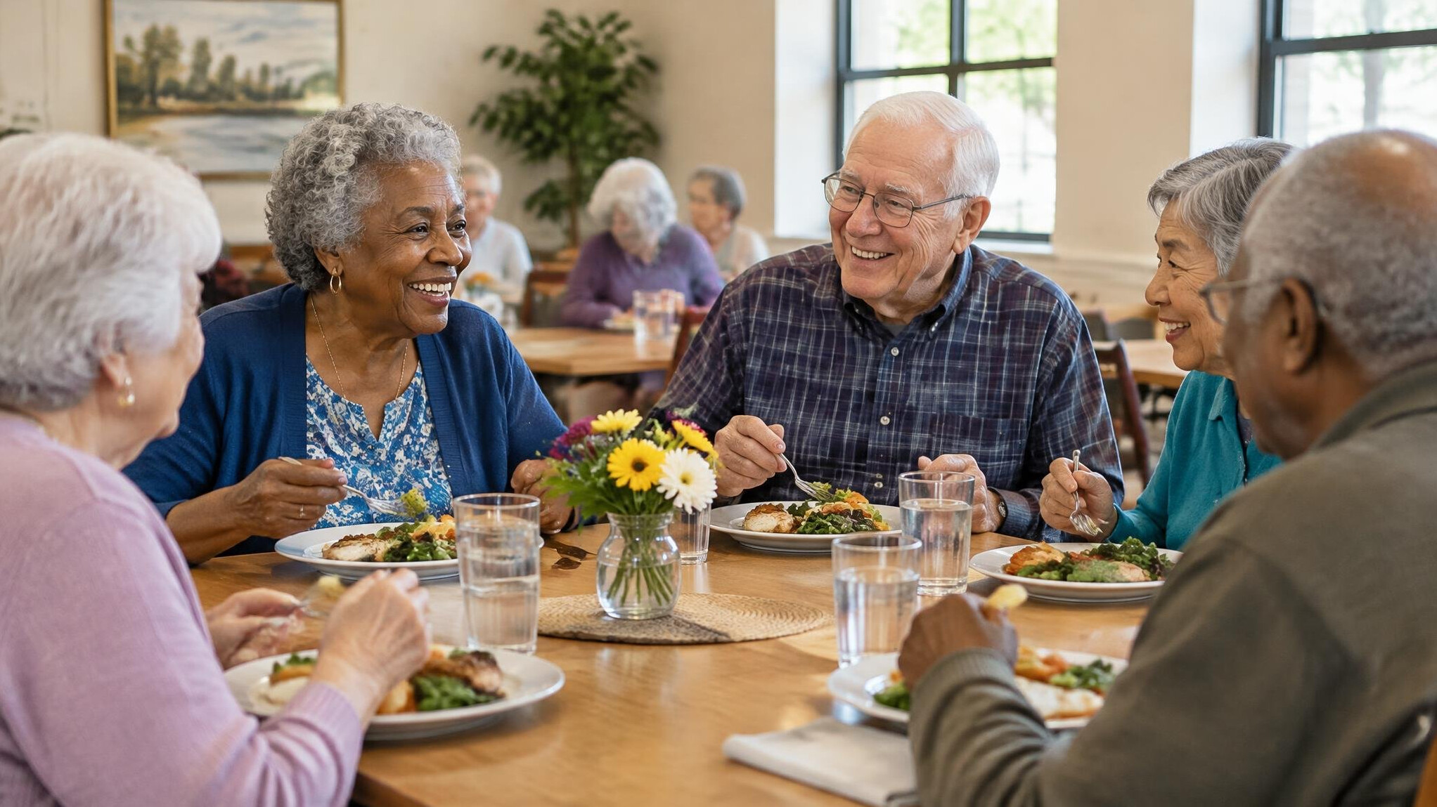 seniors sharing meal at table