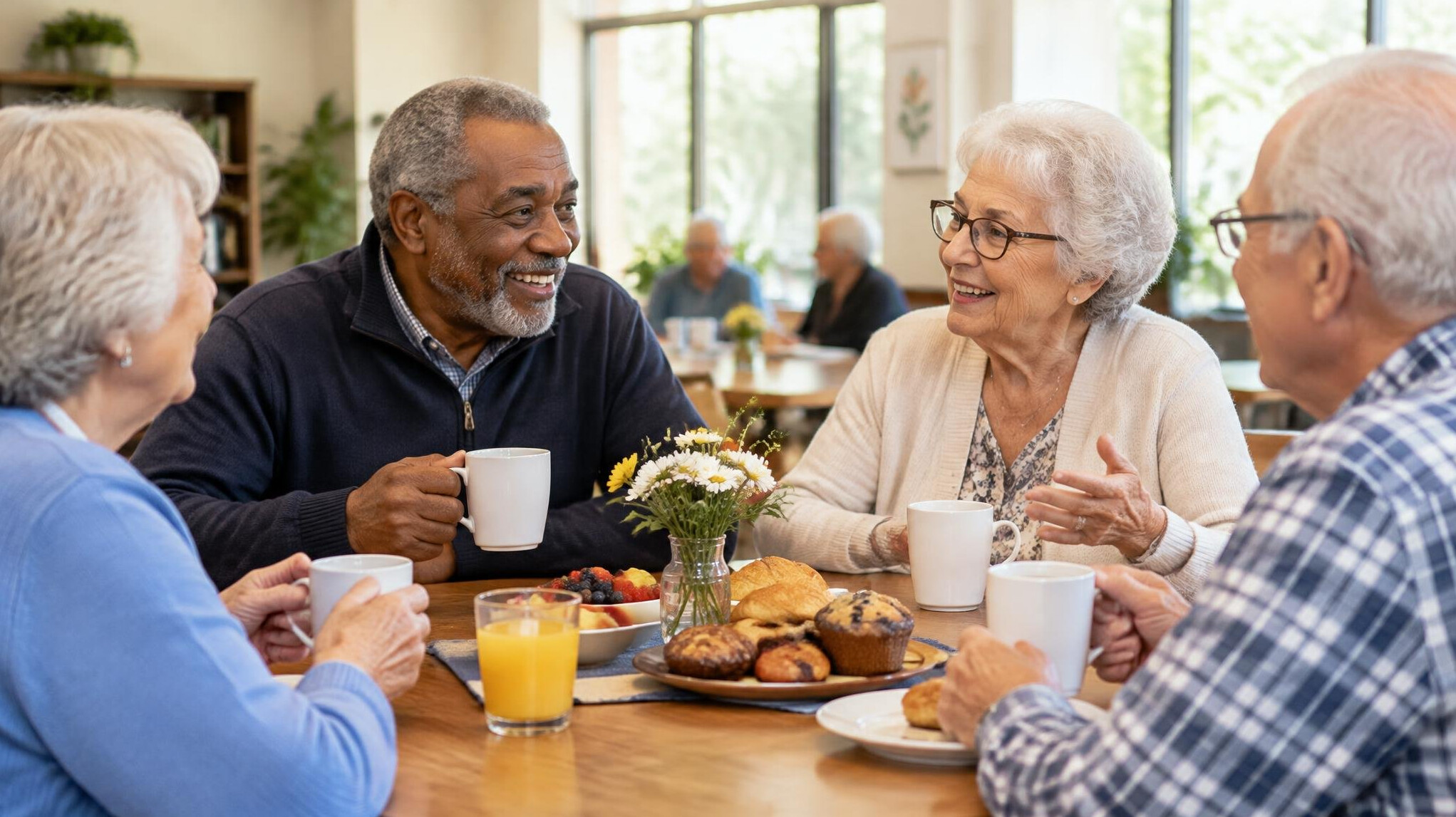 seniors enjoying morning coffee together