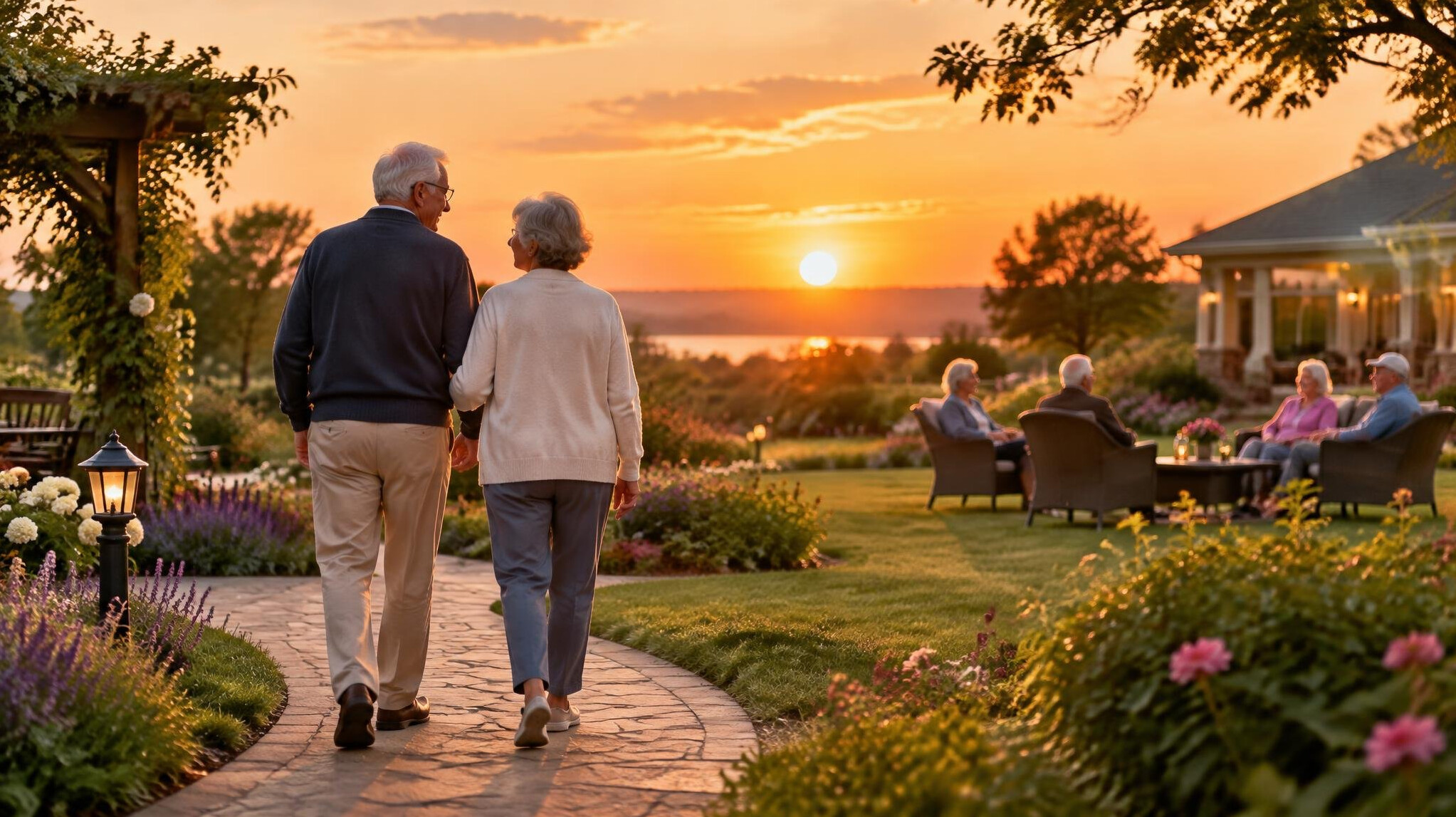 seniors in garden at sunset
