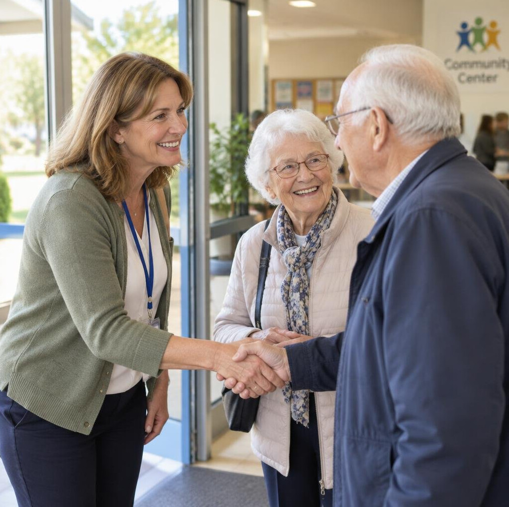Friendly volunteer welcoming an elderly couple at the door of a community center